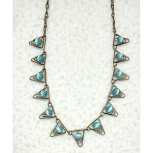 Ethnic Hippie Boho Necklace Choker Wire Wrapped Blue Cat's Eye Beads Silvertone